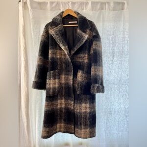 Wool-Blend Plaid Coat in Black and Tan